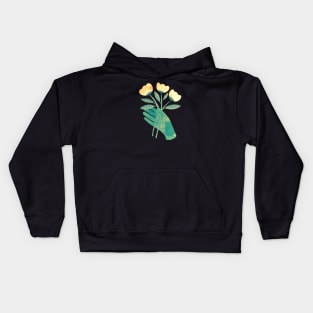 Green hand with yellow flowers for you on black background Kids Hoodie